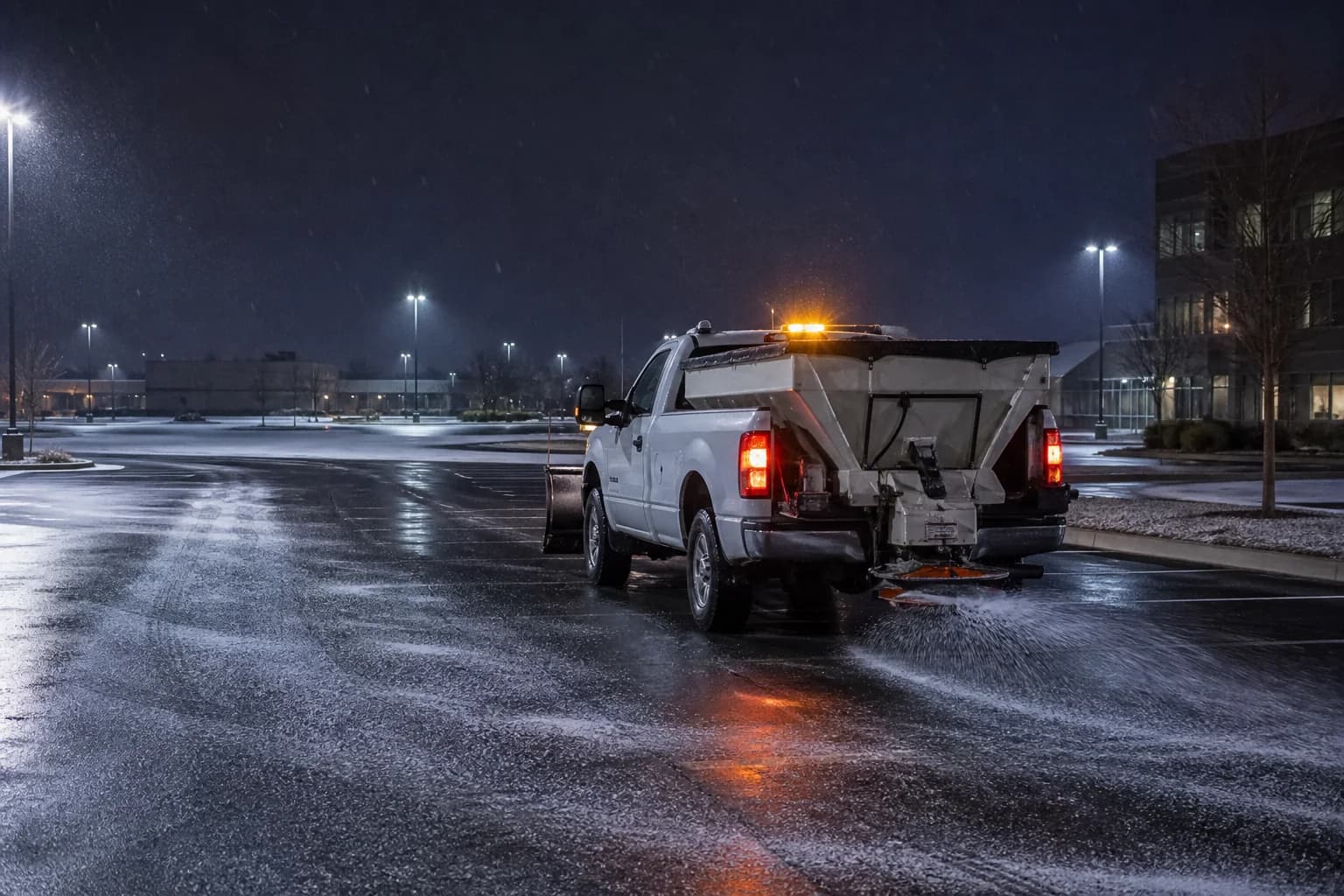 Salt spreader treating a commercial parking lot during icy conditions