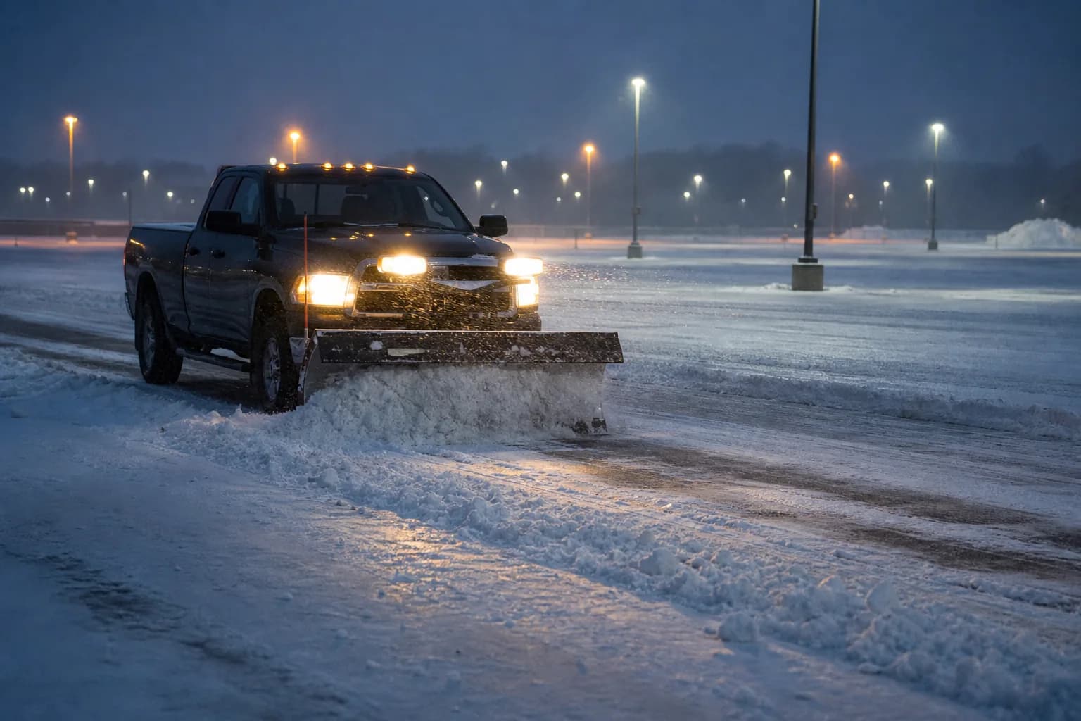 Commercial snow plow clearing a parking lot during a winter storm