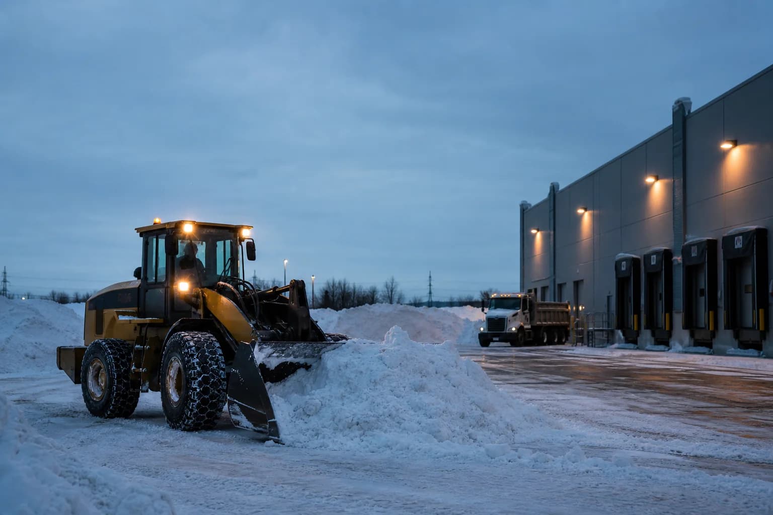 Wheel loader relocating snow at a commercial logistics facility